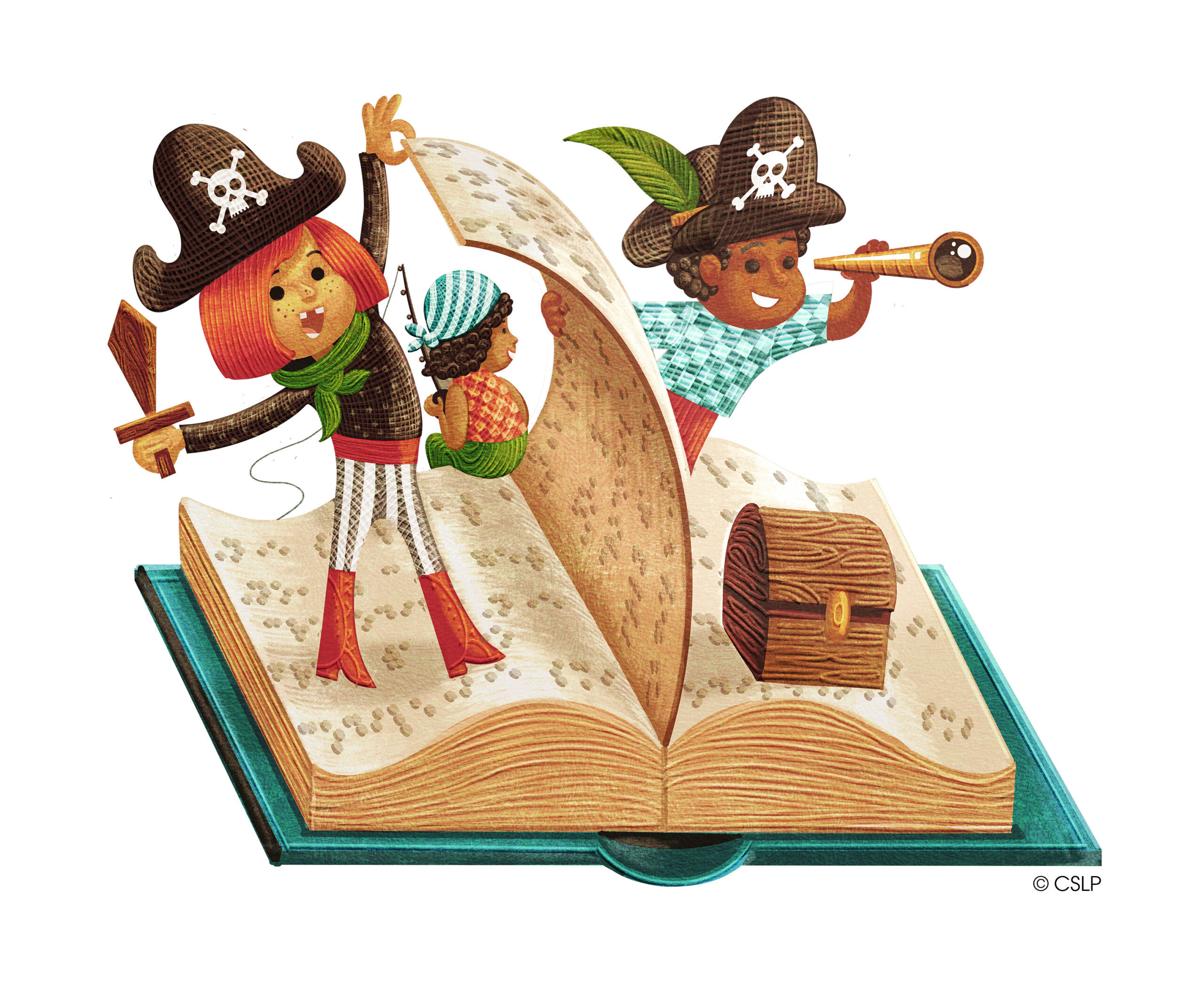 Two children dressed as pirates sail the high seas on an open book