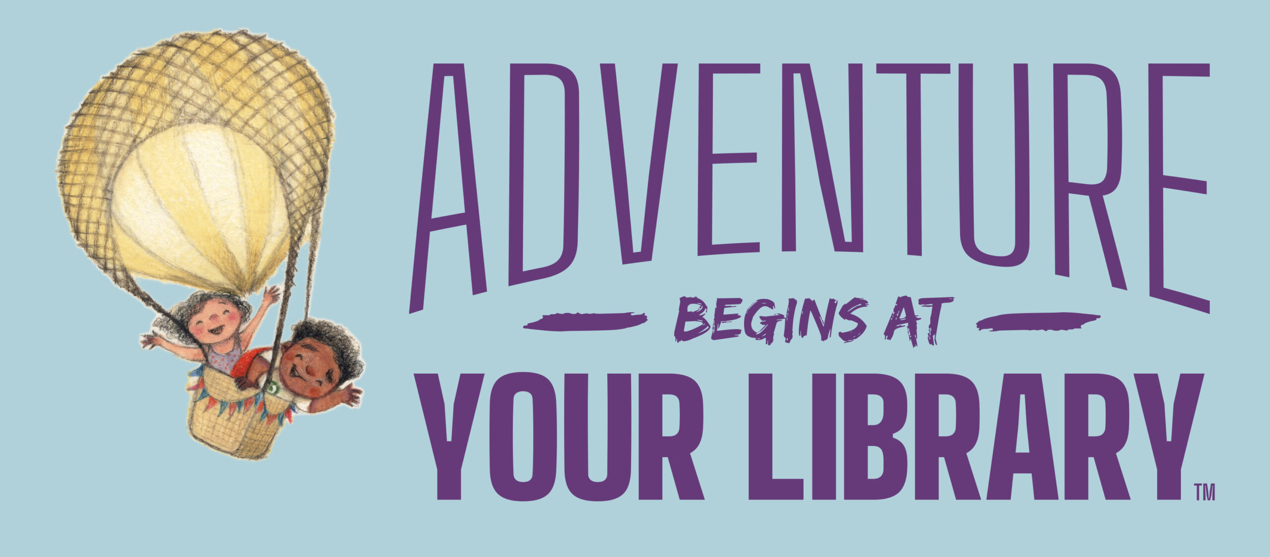 Adventure Begins At Your Library. Clip art images of kids in a hot air balloon